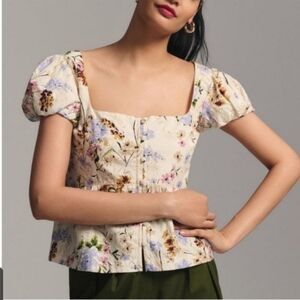 Anthropologie Floral Puff Sleeve Peplum Blouse
